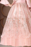 Designer Pastel Pink Floral Embroidered Net Party Gown With Ruffled Hem For Girls