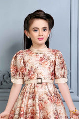 Beige Casual Floral Printed Frock With Sling Bag For Girls