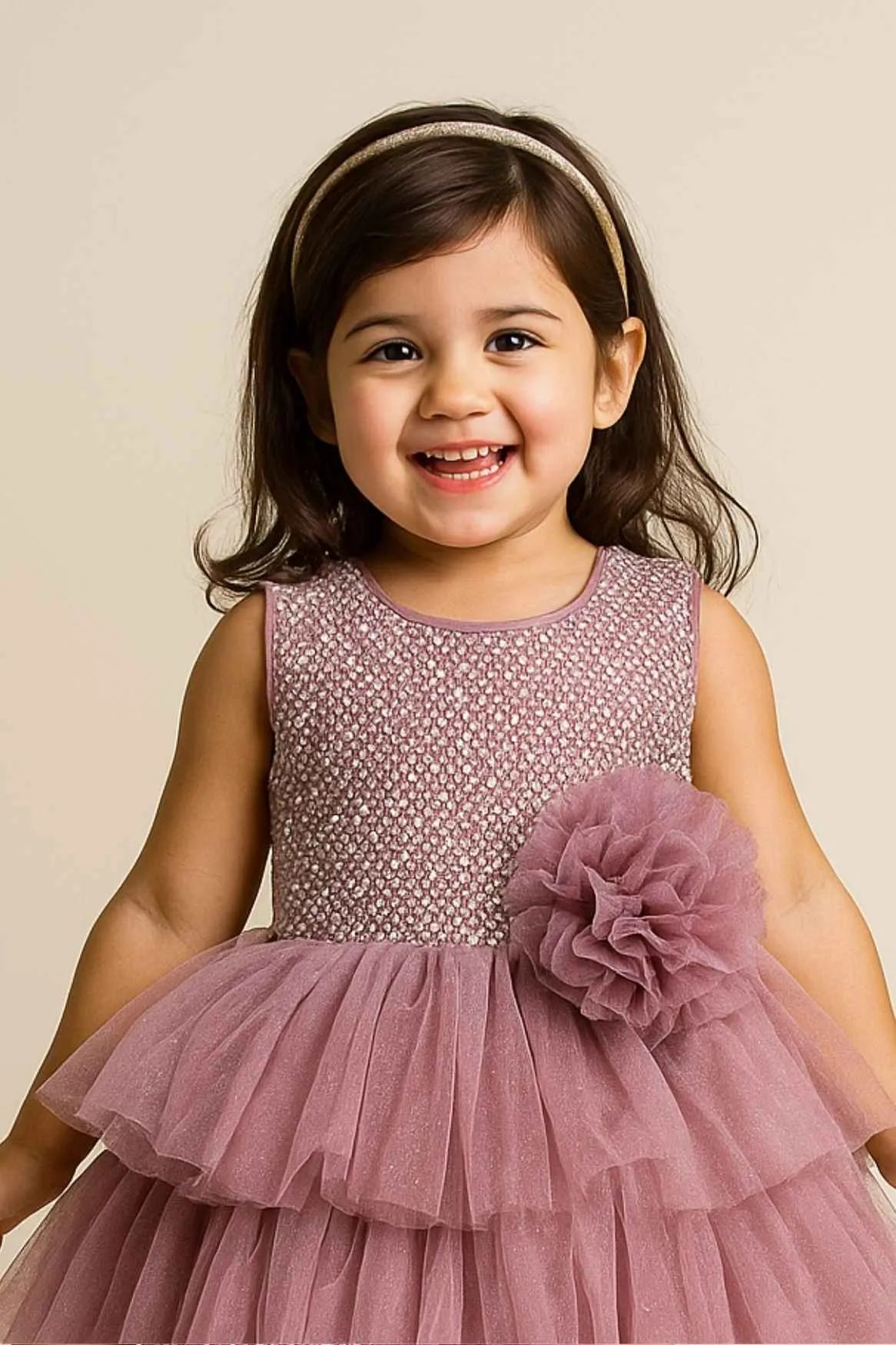 Pink Tiered Ruffle Gown With Sequin Bodice And Flower Appliqué For Girls