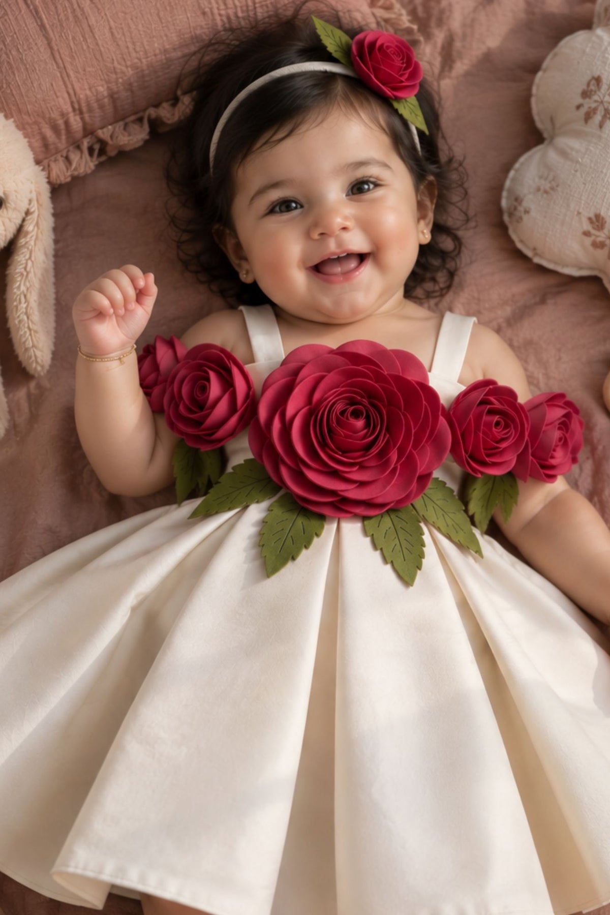 Girls Fawn 3D Floral Applique Party Wear Frock