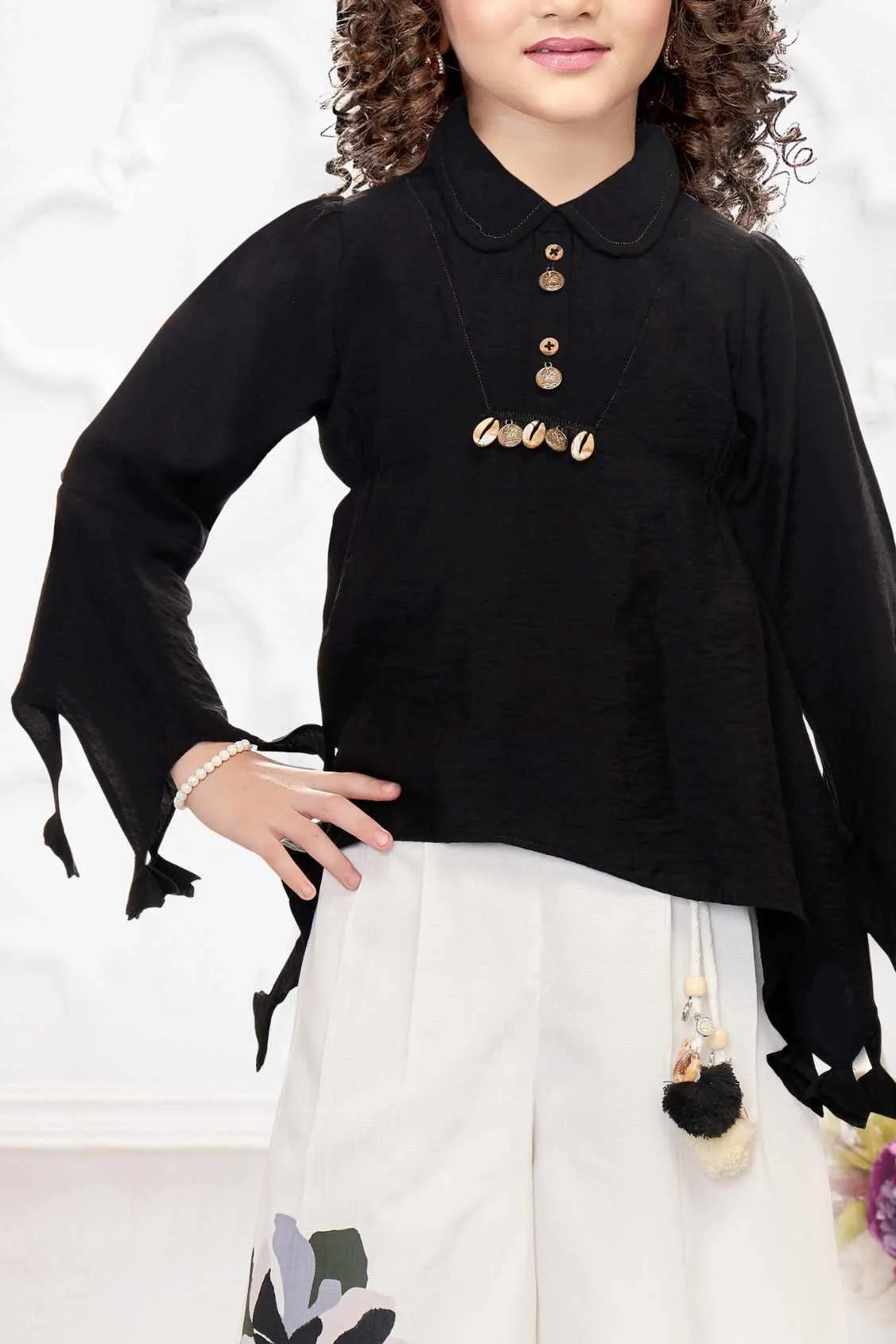 Black Top And Ivory Pants Set For Girls