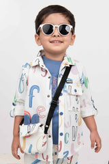 White Printed Shirt And Pant Set With Blue T Shirt For Boys