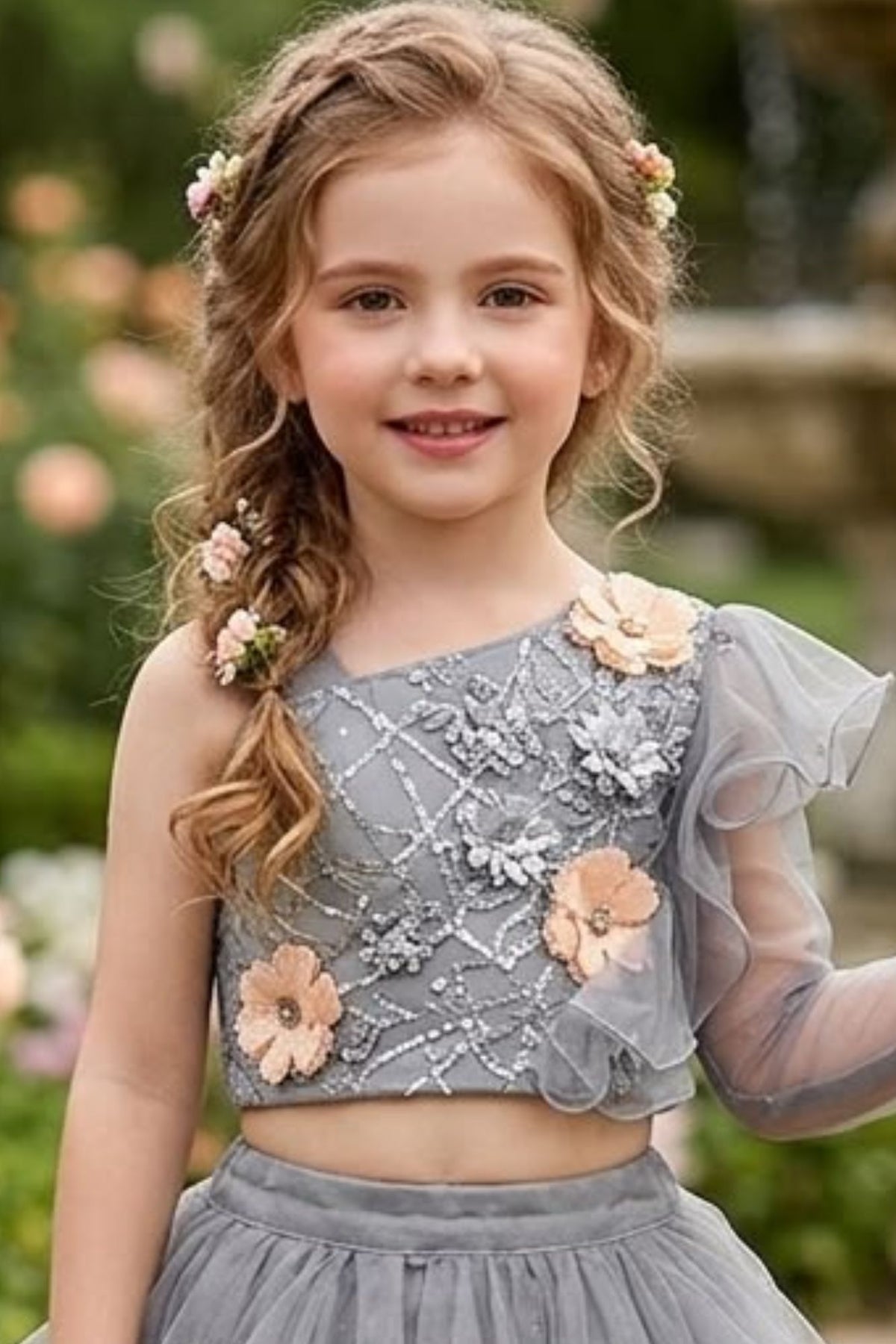 Dusty Grey Floral Ruffle Lehenga Choli For Girls