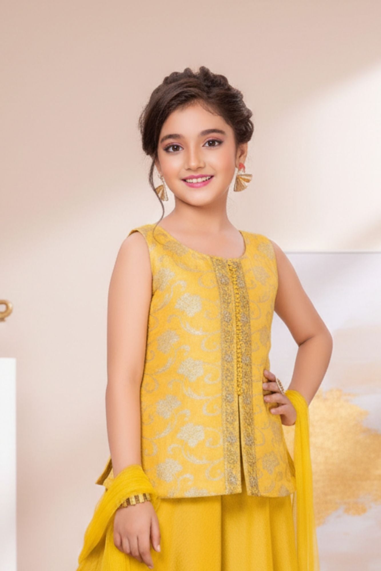 Mustard Yellow Embroidered Palazzo Set with Dupatta For Girls