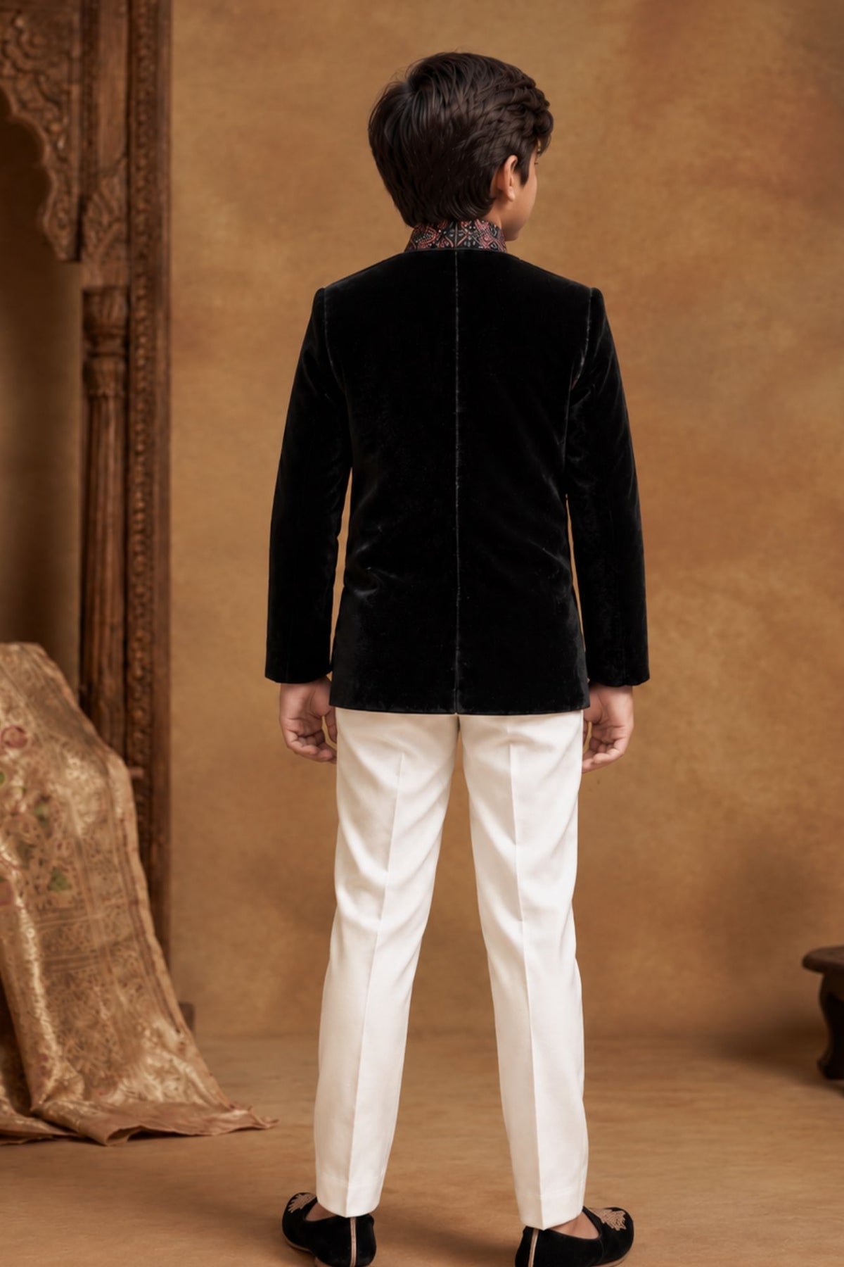 Black Velvet Embroidered Sherwani Set With Pants For Boys