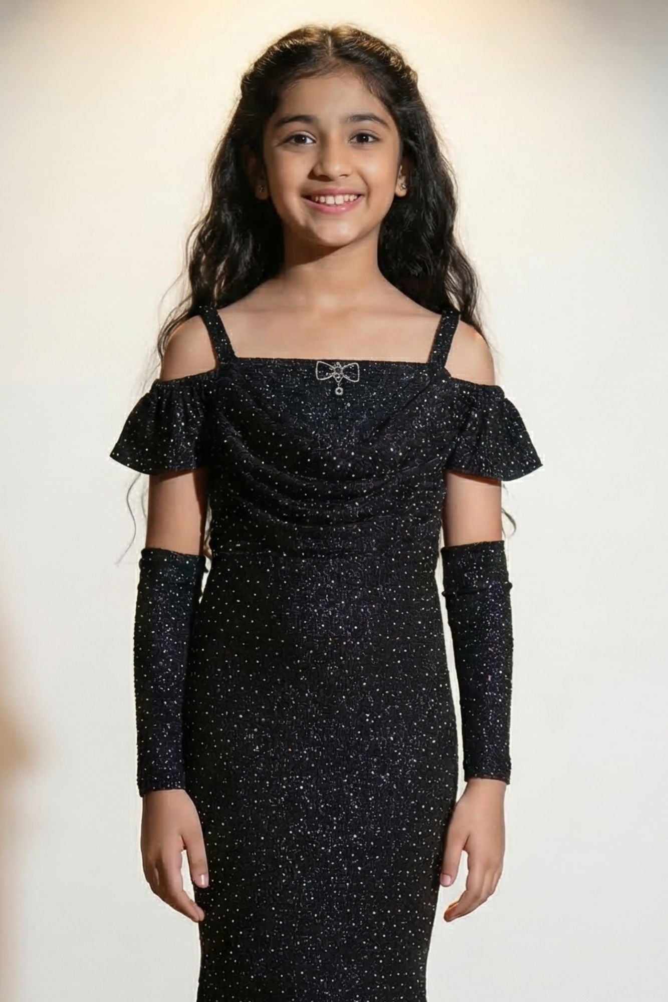 Black Glitter Off-Shoulder Party Wear Gown With Arm Sleeves For Girls