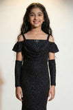 Black Glitter Off-Shoulder Party Wear Gown With Arm Sleeves For Girls