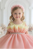 Peach And Yellow Layered Party Frock With Tailback For Girls