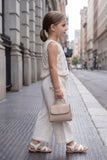Girls Off-White Embroidered Top with Wide-Leg Pants Set