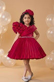 Red Floral Appliqué Pleated Party Wear Frock for Girls