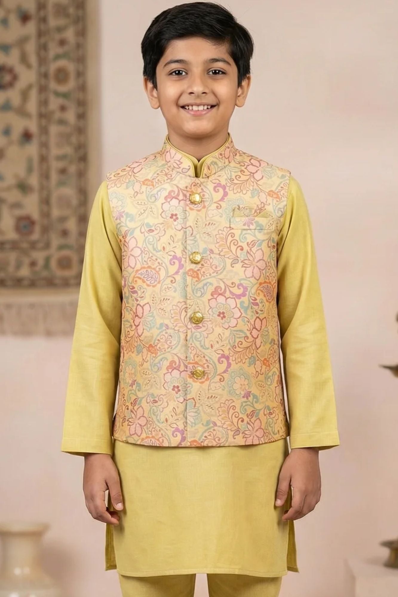 Boys Mustard Yellow Kurta Set with Floral Printed Nehru Jacket