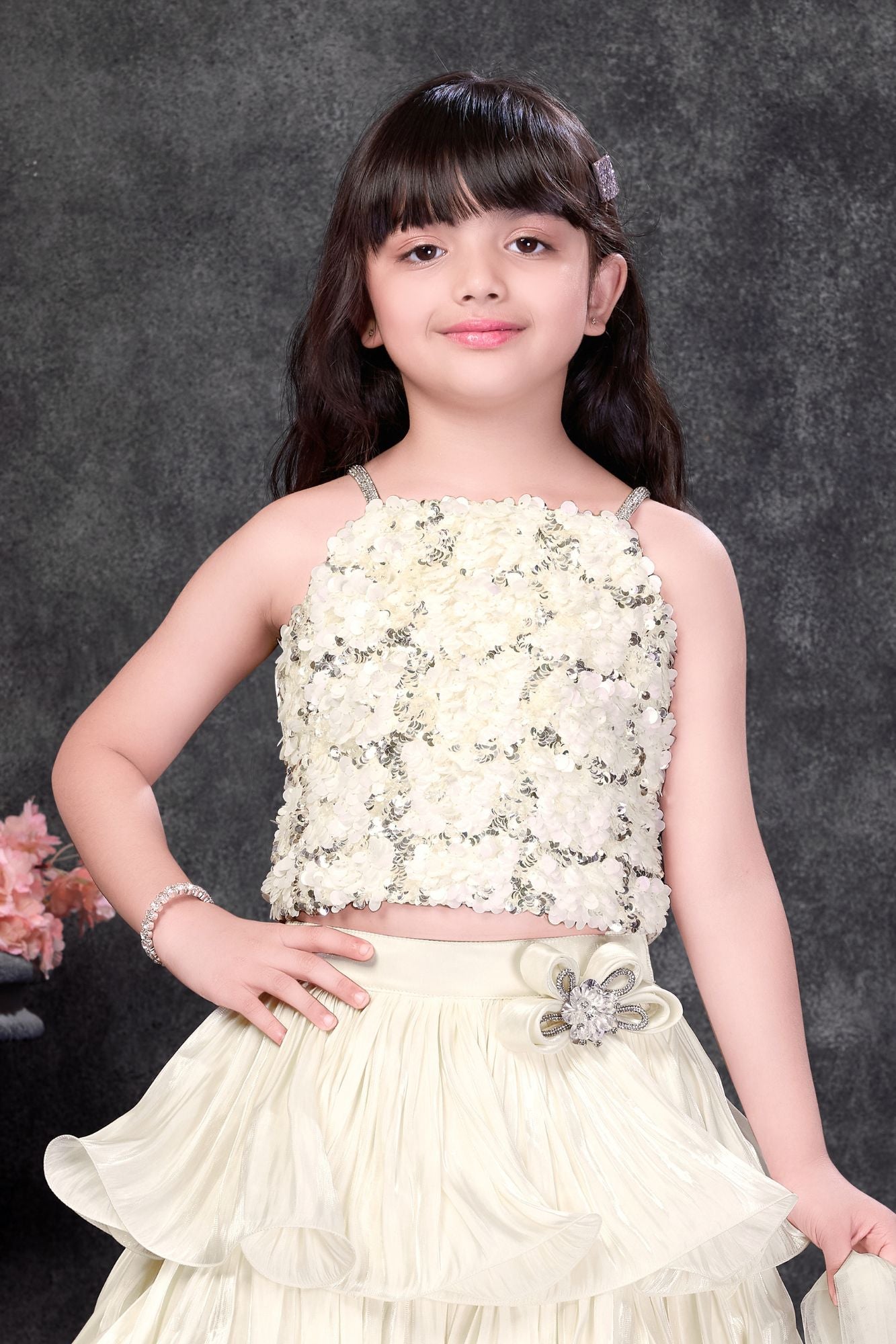 Ivory Sequin Crop Top Lehenga Set with Layered Ruffle Skirt And Dupatta For Girls