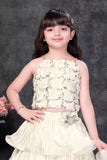 Ivory Sequin Crop Top Lehenga Set with Layered Ruffle Skirt And Dupatta For Girls