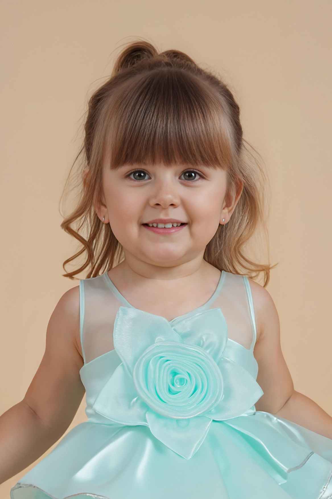Sea Green Ruffled Organza Party Frock With Floral Appliqué For Girls
