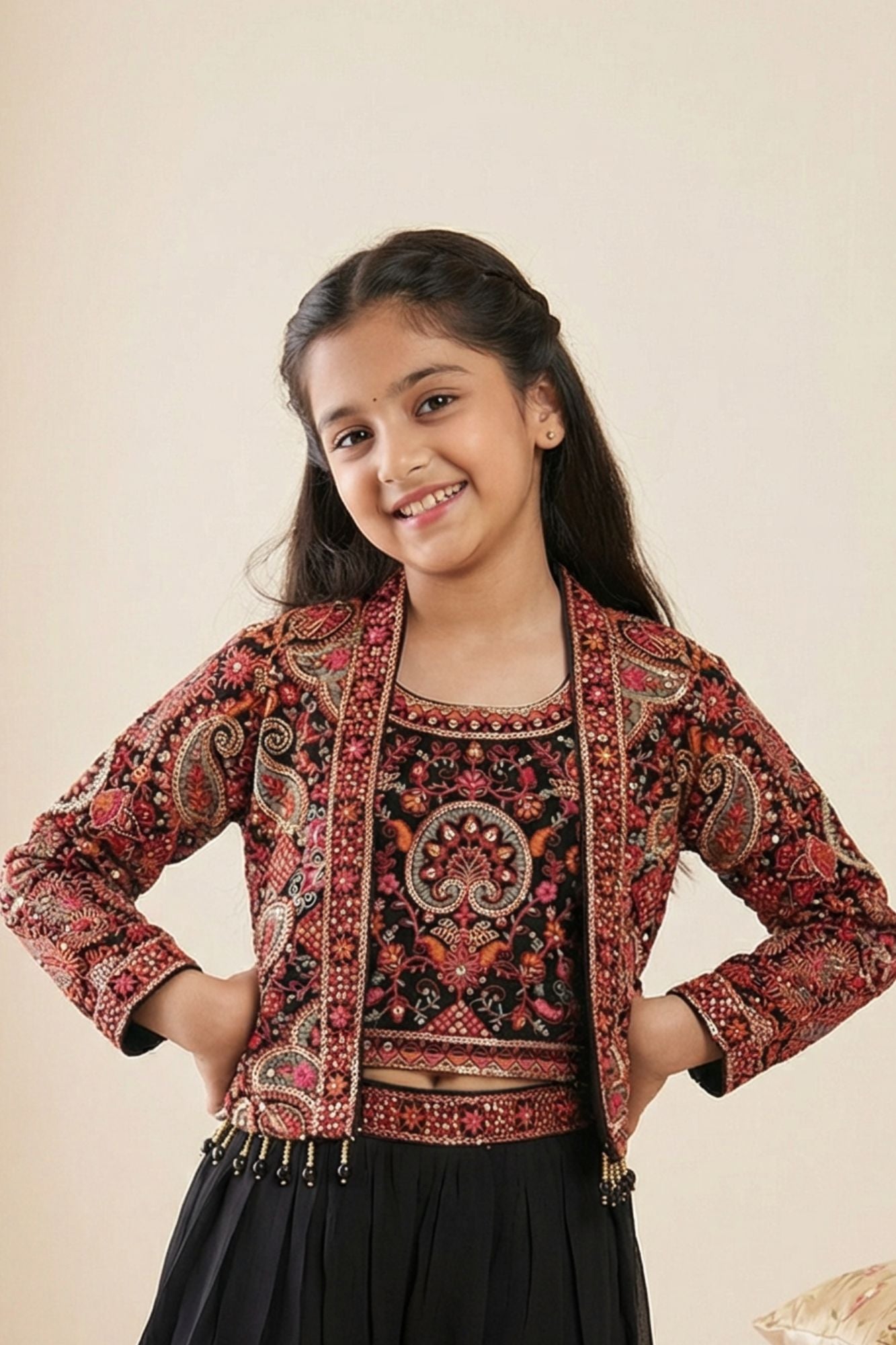Black Paisley Embroidered Palazzo Set With Jacket for Girls