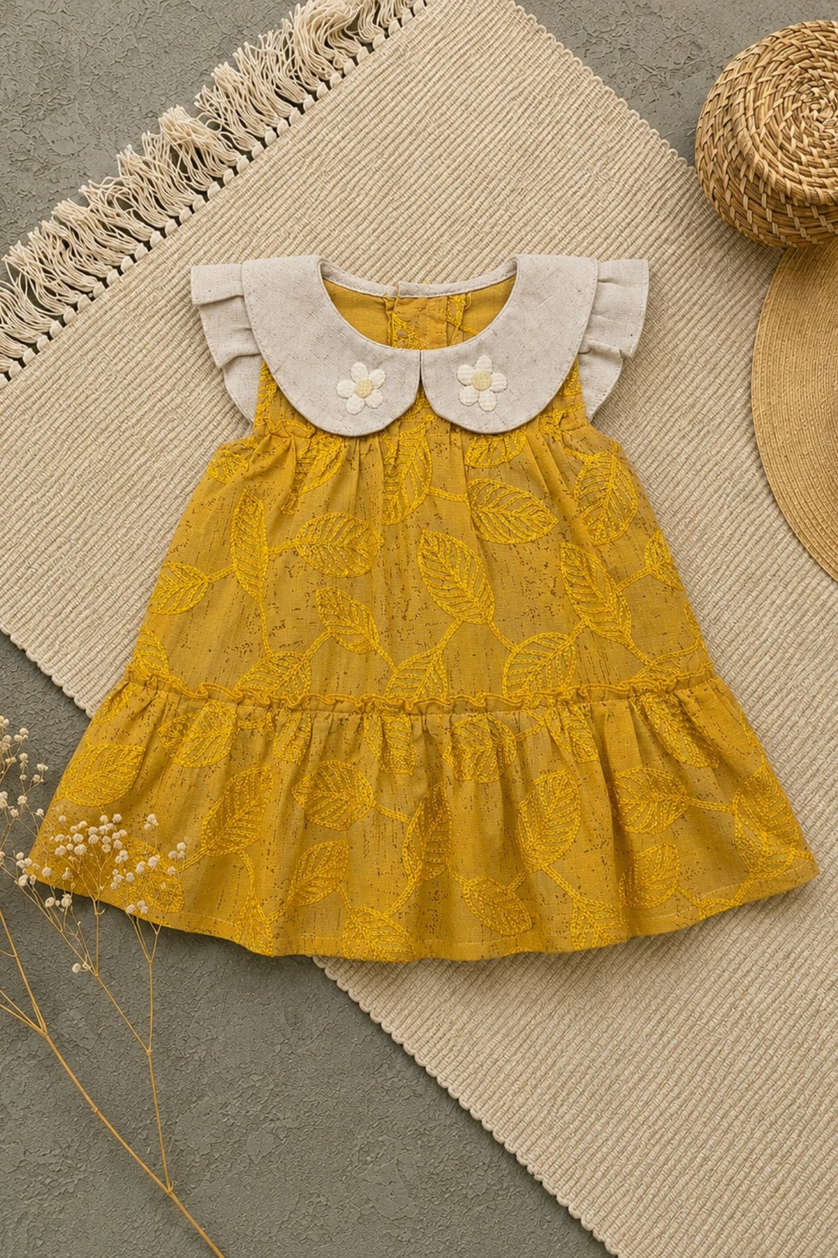 Adorable Girls Mustard Leaf Print Dress with Contrast Peter Pan Collar
