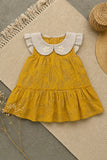Adorable Girls Mustard Leaf Print Dress with Contrast Peter Pan Collar