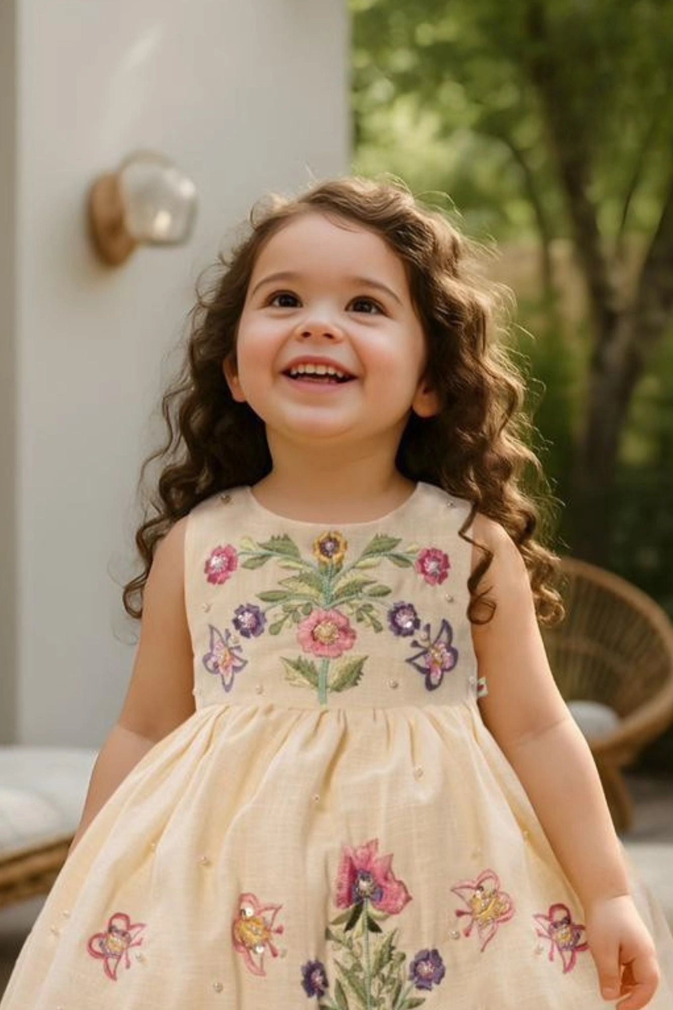 Cream Sleeveless Embroidered Frock With Butterfly Motifs & Pearls For Girls