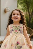Cream Sleeveless Embroidered Frock With Butterfly Motifs & Pearls For Girls