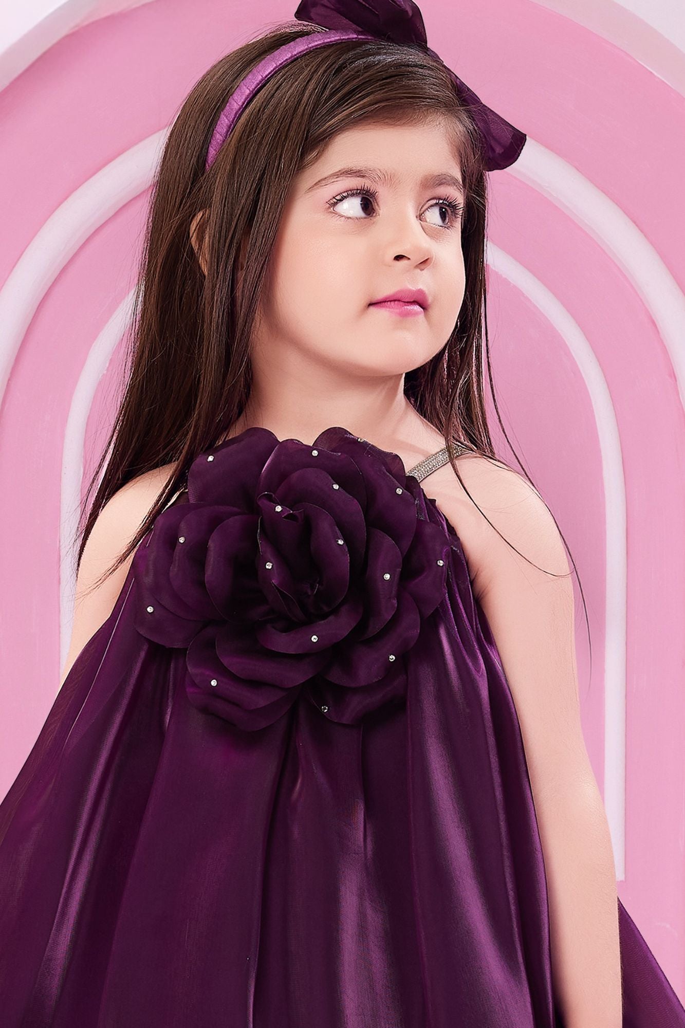 Purple 3D Floral Party Wear Frock for Girls
