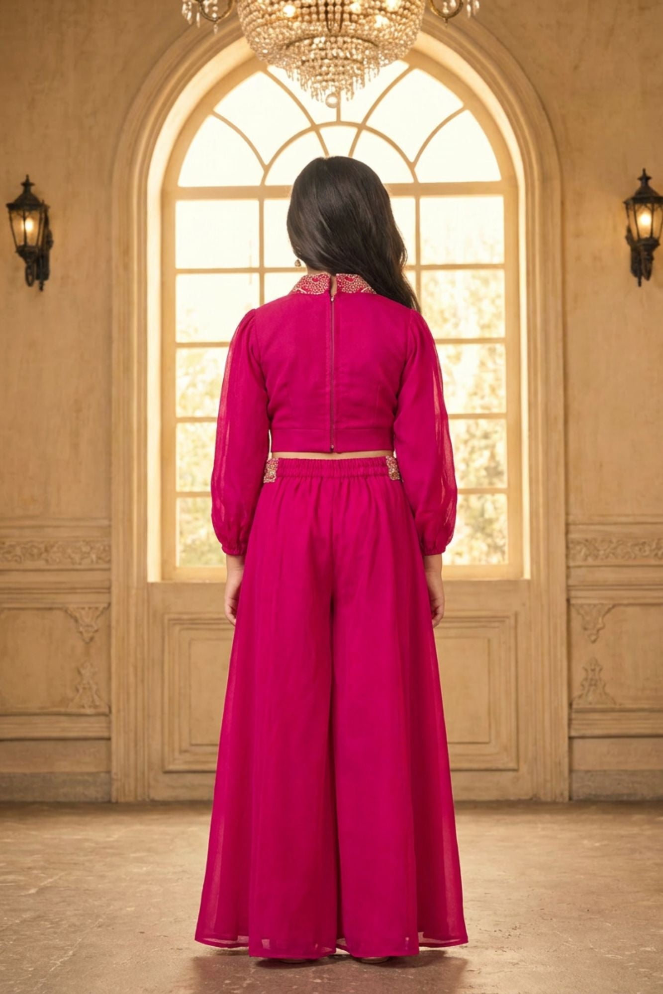 Rani Pink Embroidered Palazzo Set with Wide Leg Pants