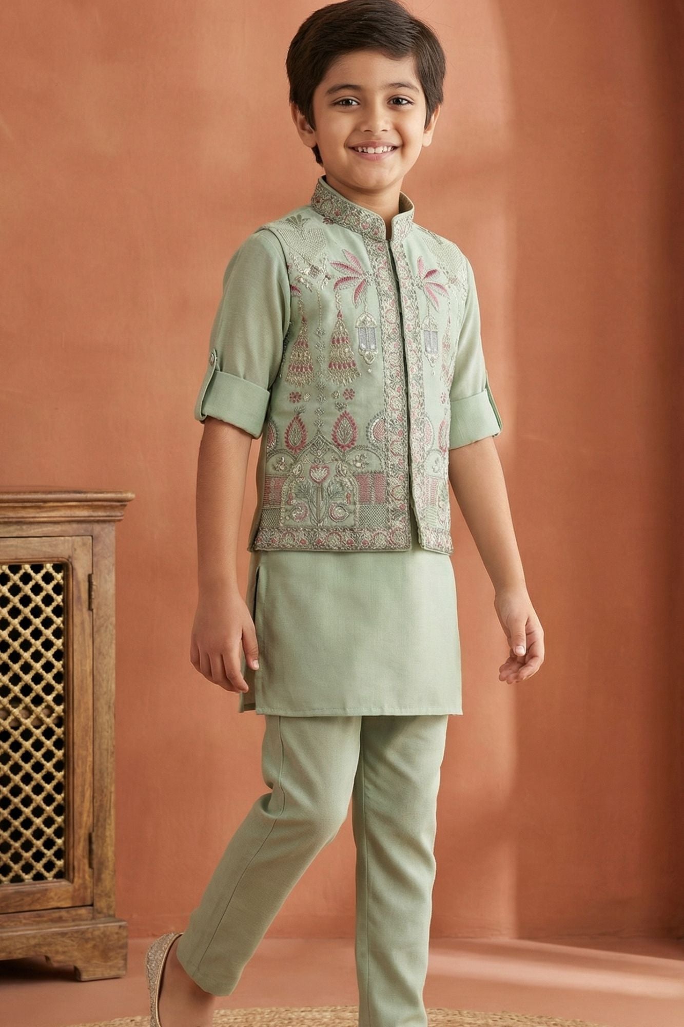Mint Green Embroidered Kurta Set with Nehru Jacket For Boys