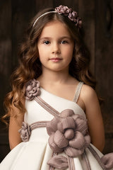 Girls Ivory And Mauve Floral Applique Party Wear Frock