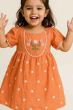 Orange Cotton Embroidered Dress for Girls