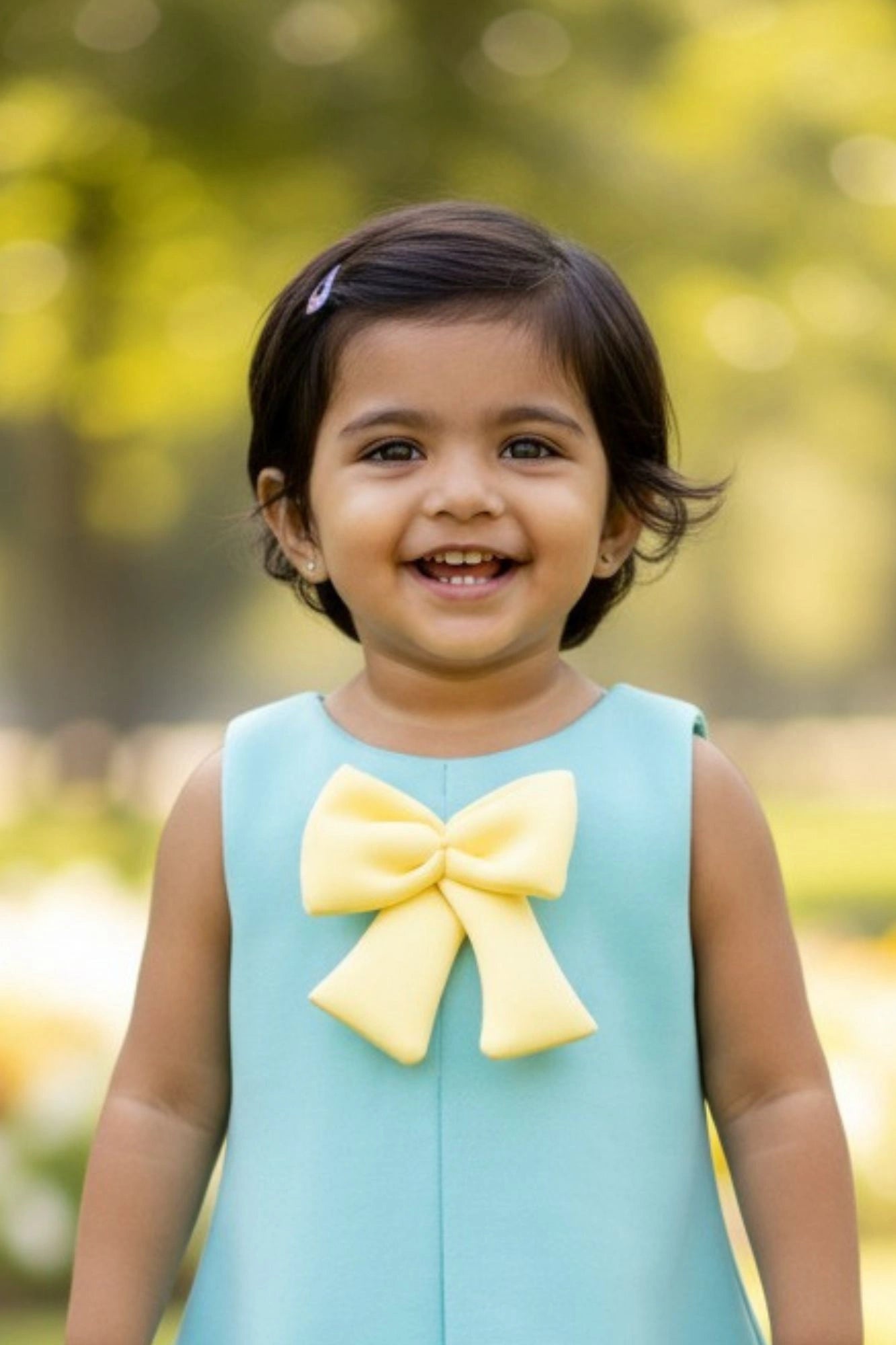 Aqua Blue Party Frock with Yellow Bow Accents For Girls