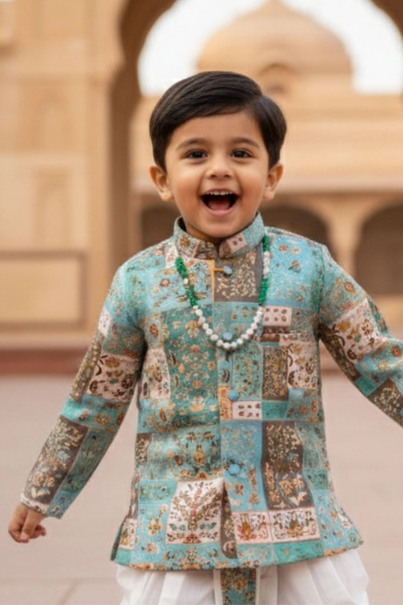 Aqua Blue Patchwork Printed Kurta Dhoti Set for Boys