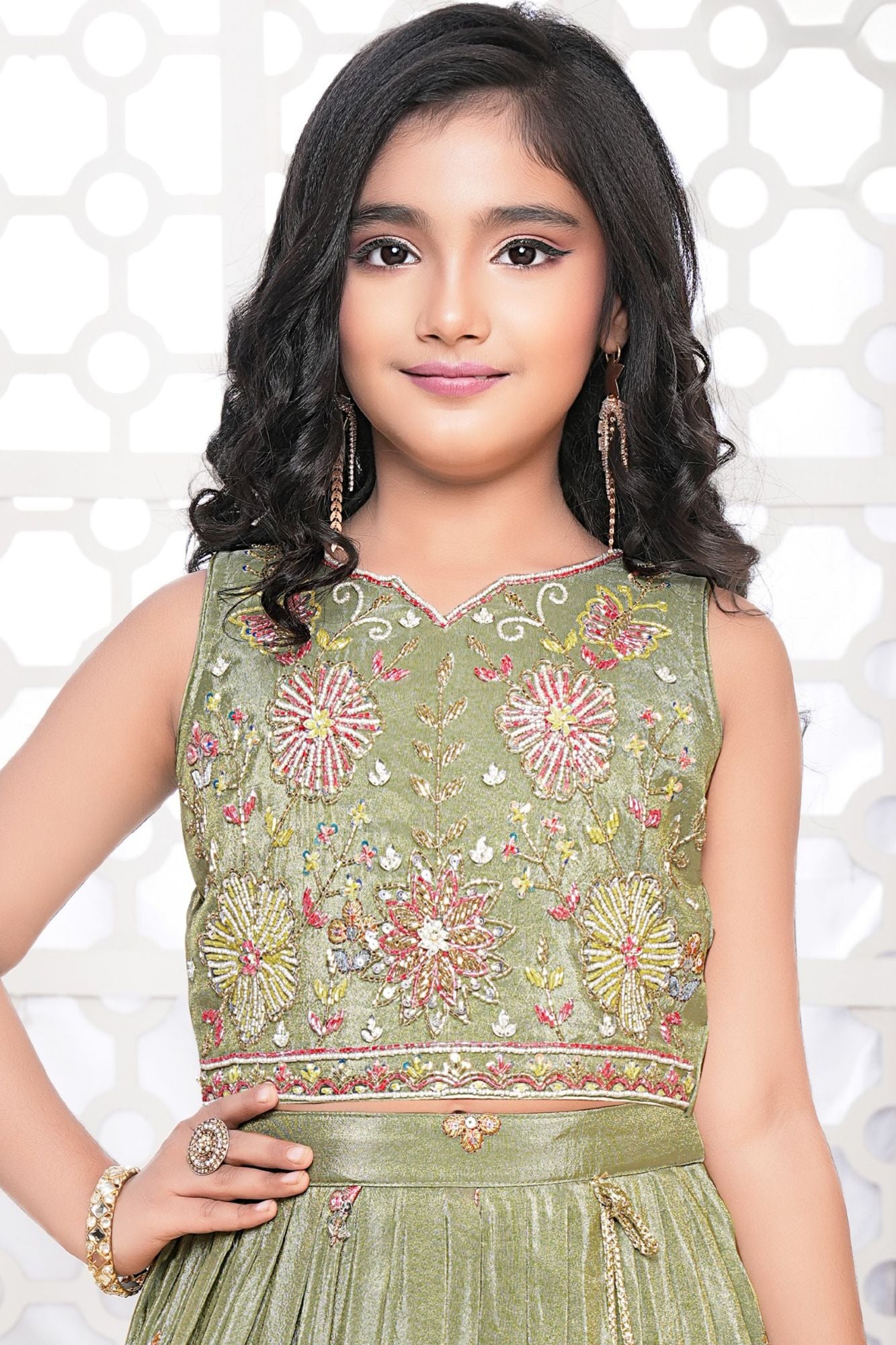 Girls Green Floral Embroidered Lehenga Choli Set