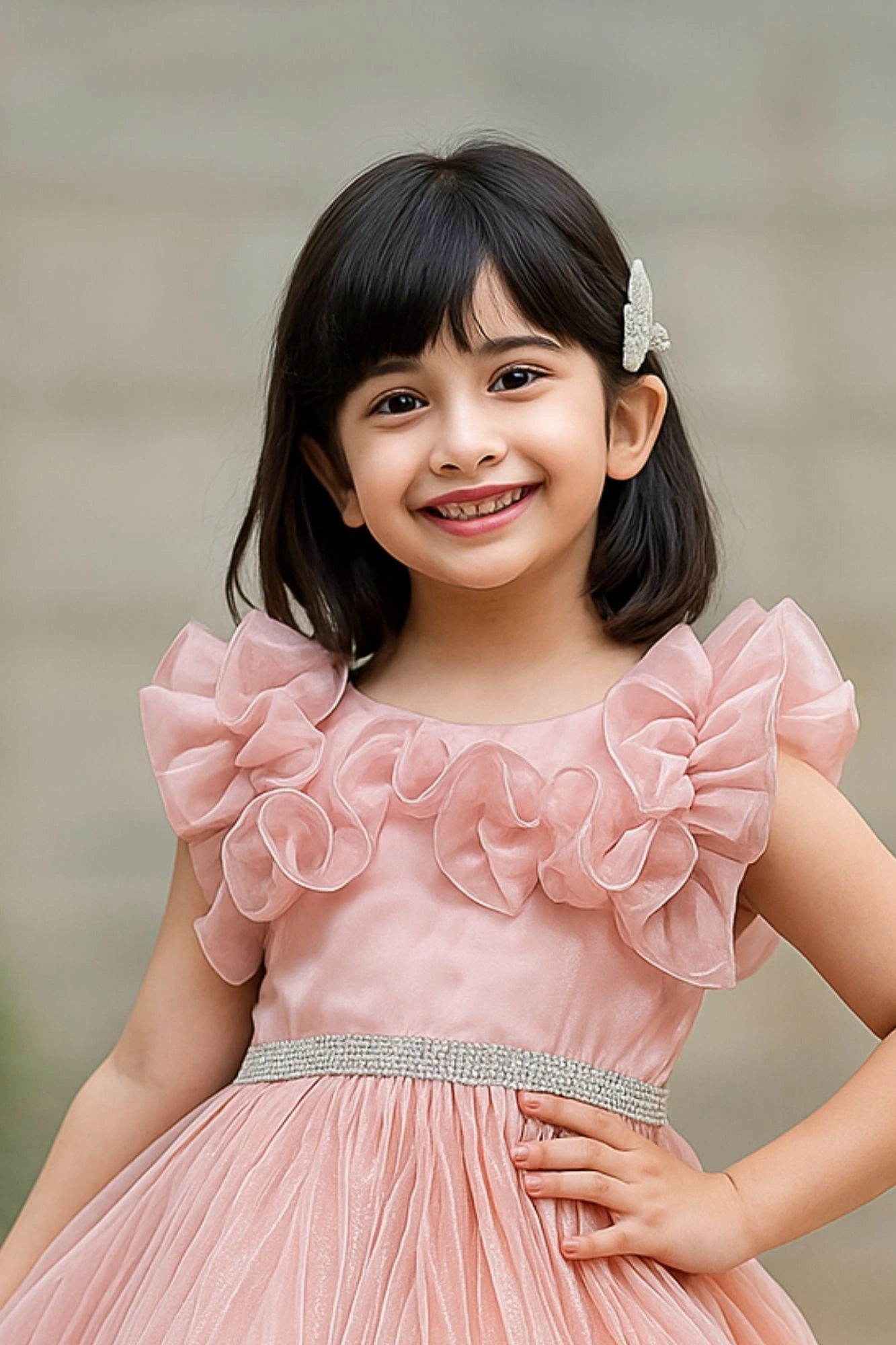 Peach Embellished Party Wear Frock with Ruffled Sleeves For Girls