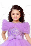 Designer Lavender Sequin Multilayered Net Party Gown With Ruffled Sleeves For Girls