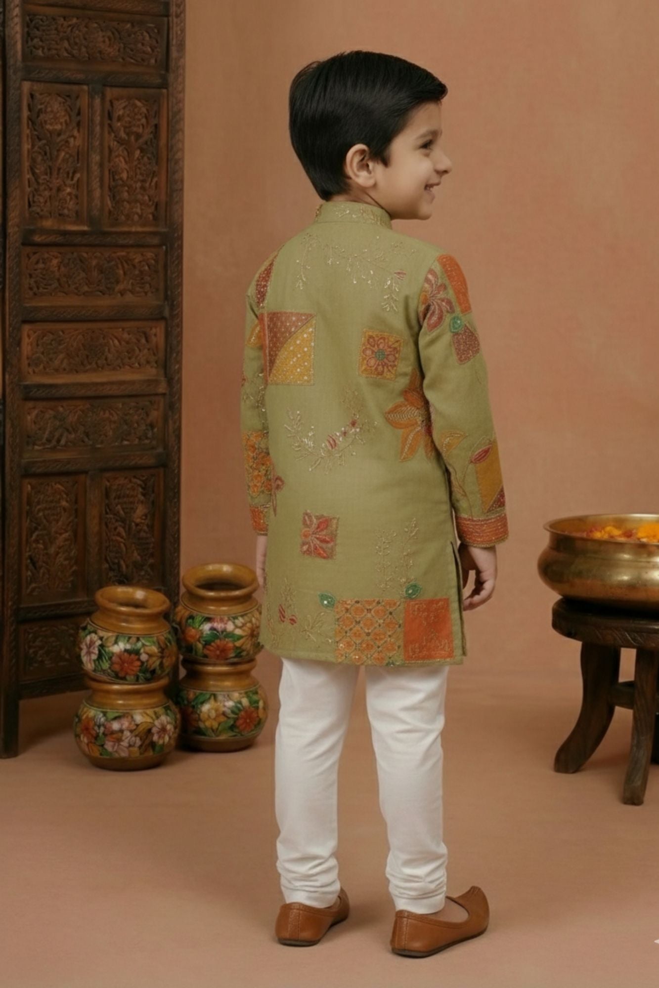 Olive Green Embroidered Patchwork Kurta Set For Boys