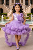 Girls Lavender Layered Ruffle Tailback Party Dress With Floral Details