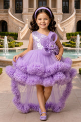 Girls Lavender Layered Ruffle Tailback Party Dress With Floral Details