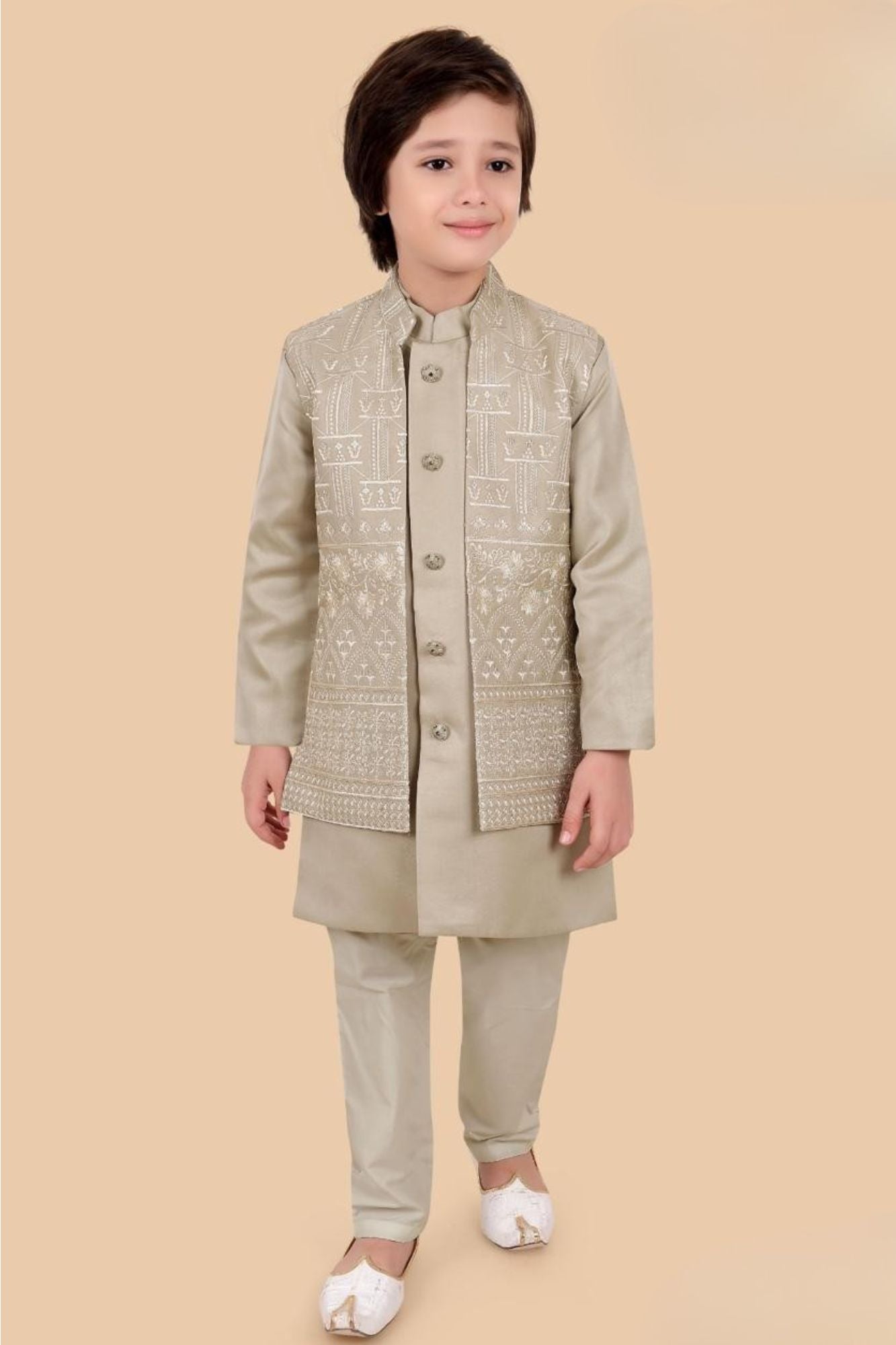 Boys Fawn Embroidered Kurta Set with Jacket