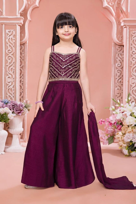 Wine Embroidered  Palazzo Set With Dupatta For Girls