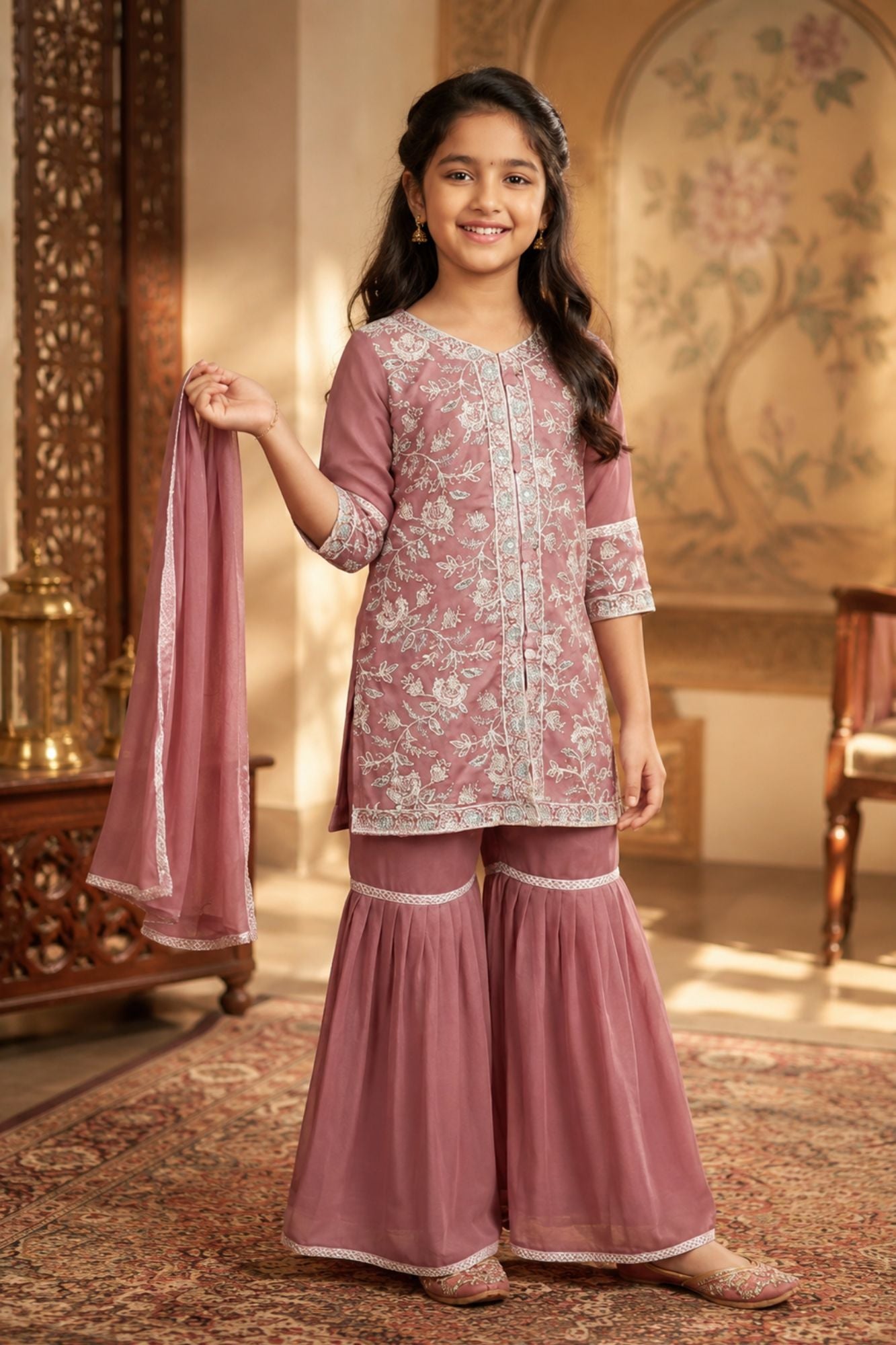 Mauve Thread Embroidered Short Kurti with Sharara and Dupatta For Girls