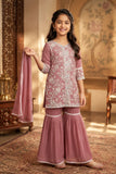 Mauve Thread Embroidered Short Kurti with Sharara and Dupatta For Girls