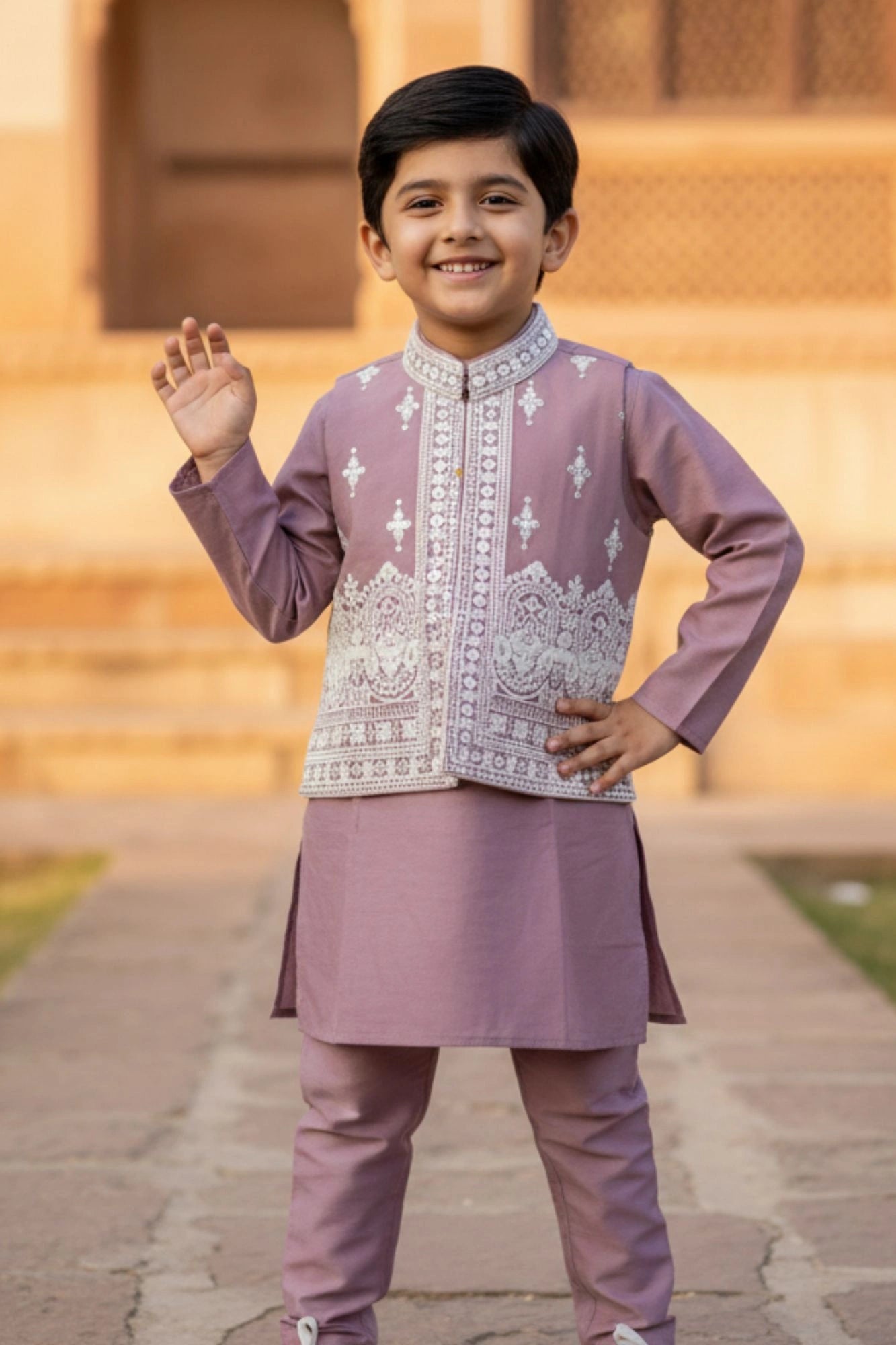 Mauve Kurta Pajama Set with Heavily Embroidered Nehru Jacket For Boys