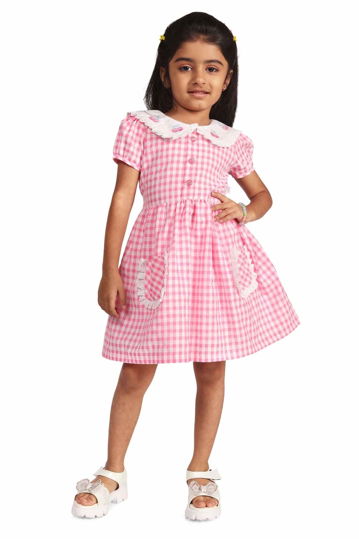 Pink Checked And Embroidery Frock For Girls