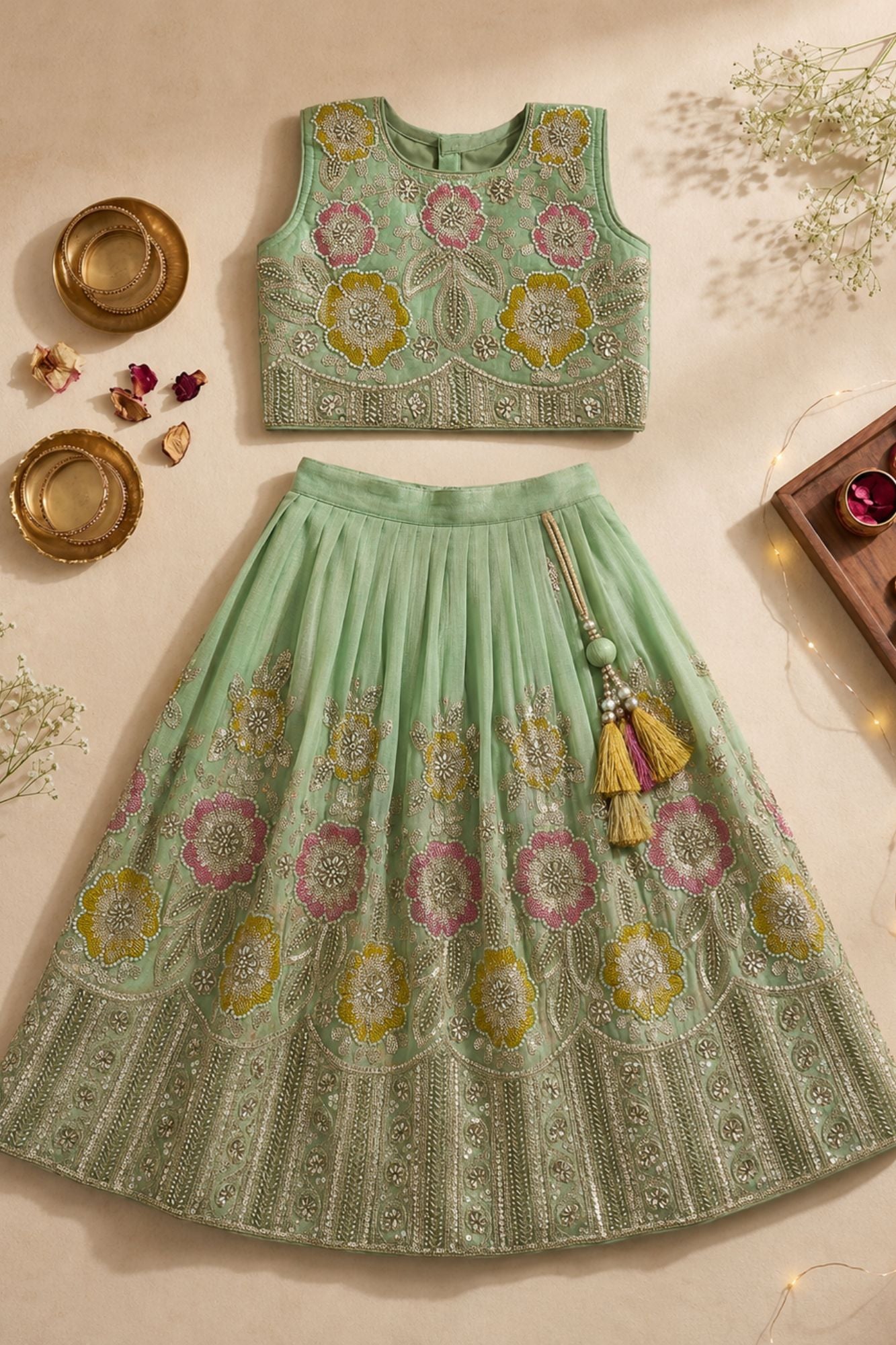 Pista Green Floral Embellished Lehenga Choli Set