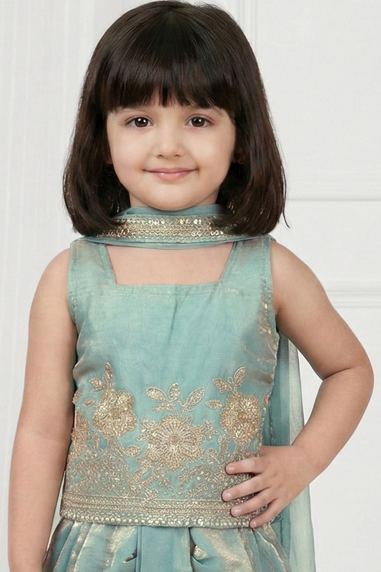 Sky Blue Embroidered Dhoti Skirt Set with Dupatta For Girls