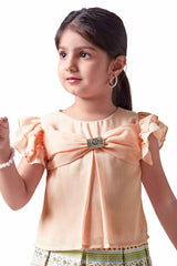 Peach Bow Embellished Top With Printed Skirt Set For Girls