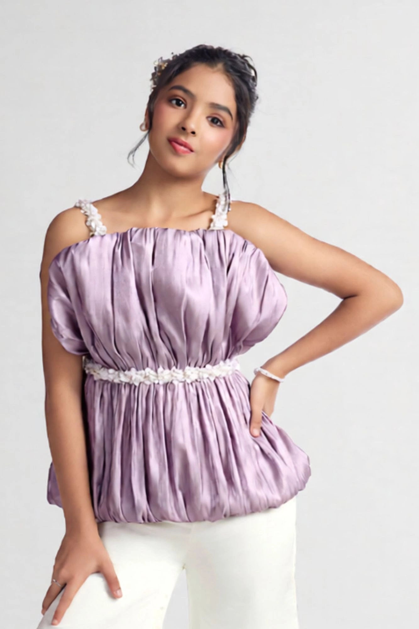 Lavender Ruched Top with White Flared Pants For Girls