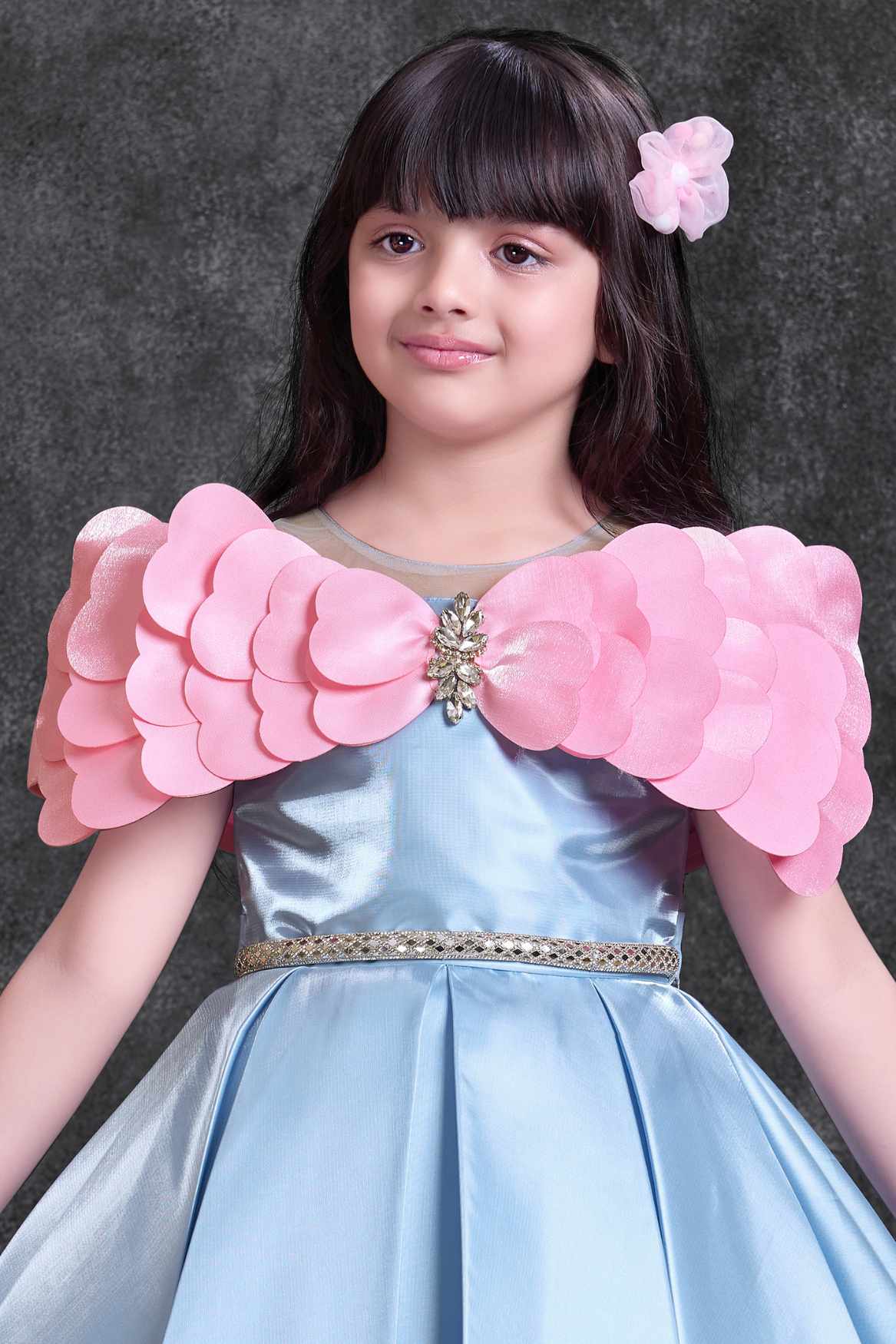 Powder Blue Party Wear Frock with Pink Bow Appliqué And Flared Skirt For Girls