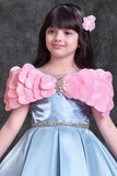 Powder Blue Party Wear Frock with Pink Bow Appliqué And Flared Skirt For Girls