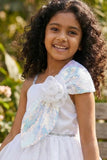 White Party Frock With Sequin Bow And 3D Flower Detail For Girls