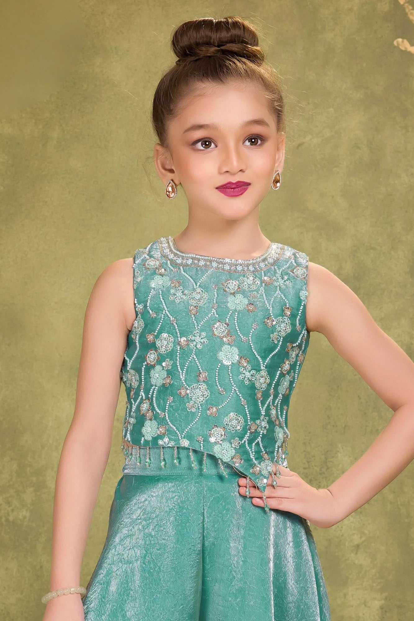 Aqua Blue Organza Palazzo Set with Bead & Sequins Work Top For Girls
